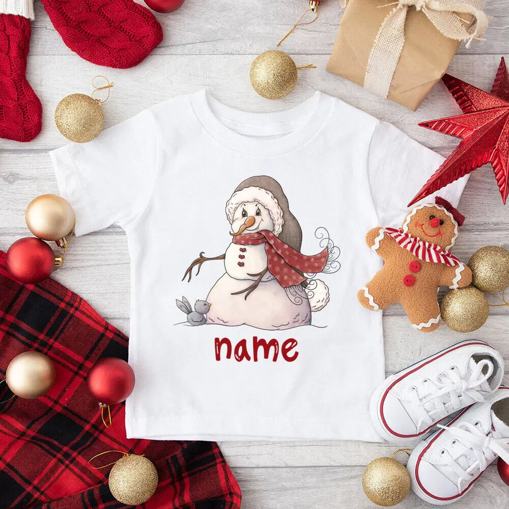 Personalized Kids Christmas Shirts Deer Snowman with Name Clothes Tops Boys Girls Xmas Party Outfit Children Holiday T-shirt Tee