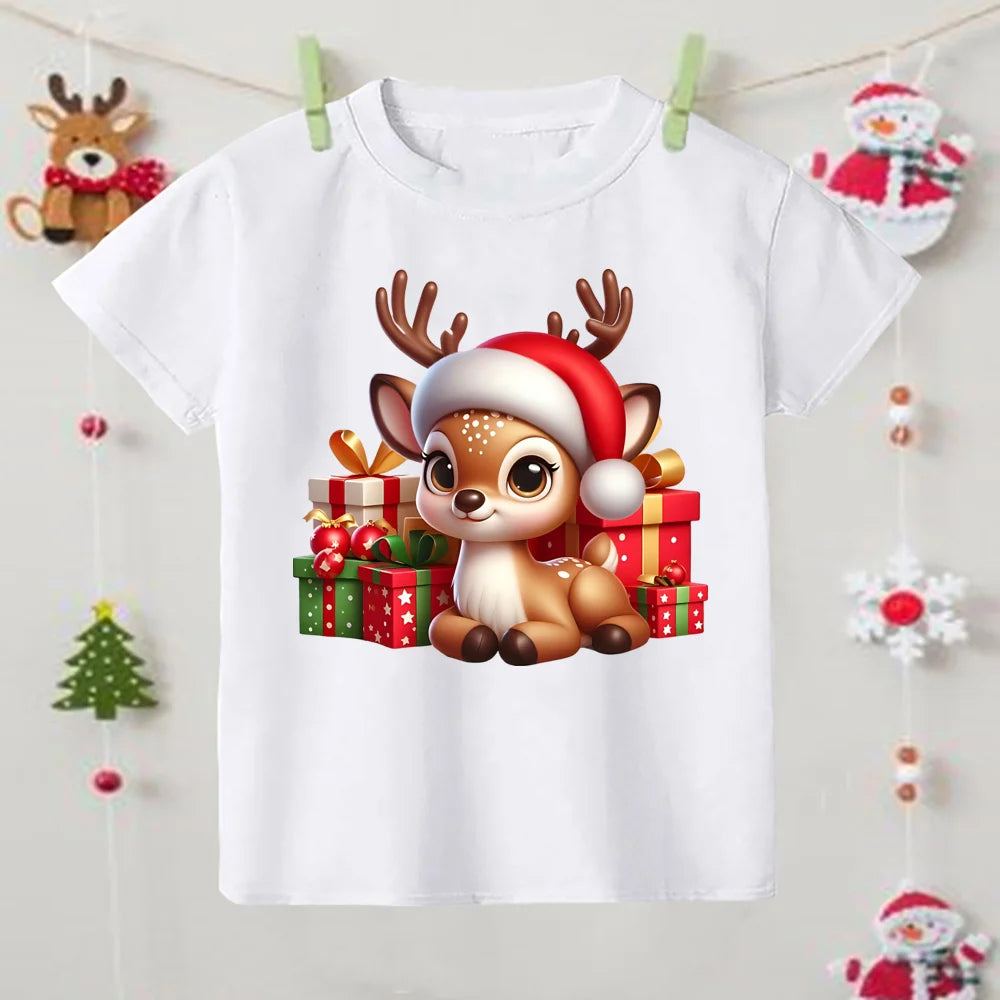 Cute Christmas Reindeer Baby Shirts Kids Round Neck TShirt Children Xmas Party Costume Toddler Short Sleeve Tee