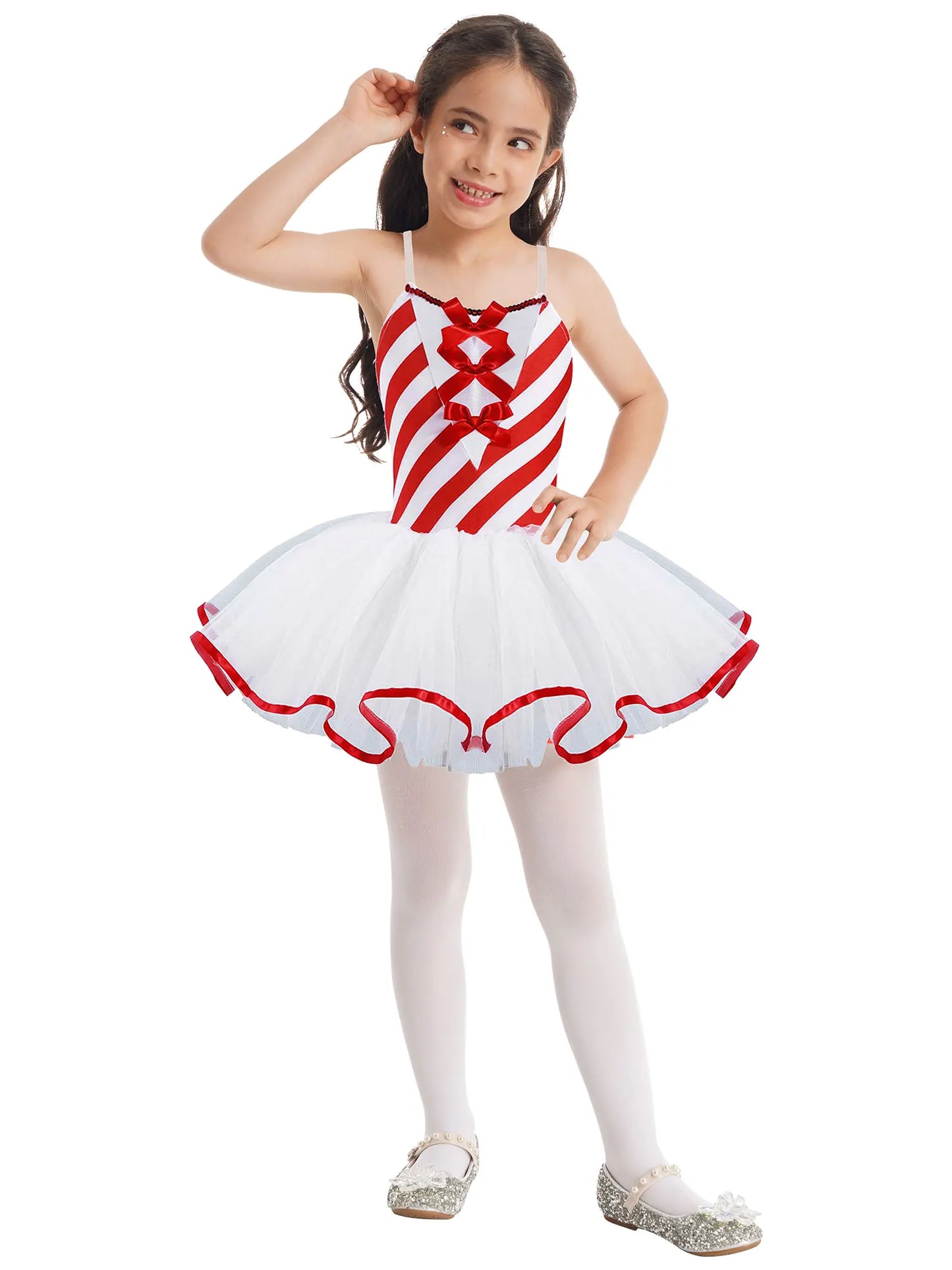 Kids Girls Candy Cane Striped Sequins Ballet Tutu Dance Dress Bowknot Adorned Stripe Print Mesh Tutu Dress Christmas Costume