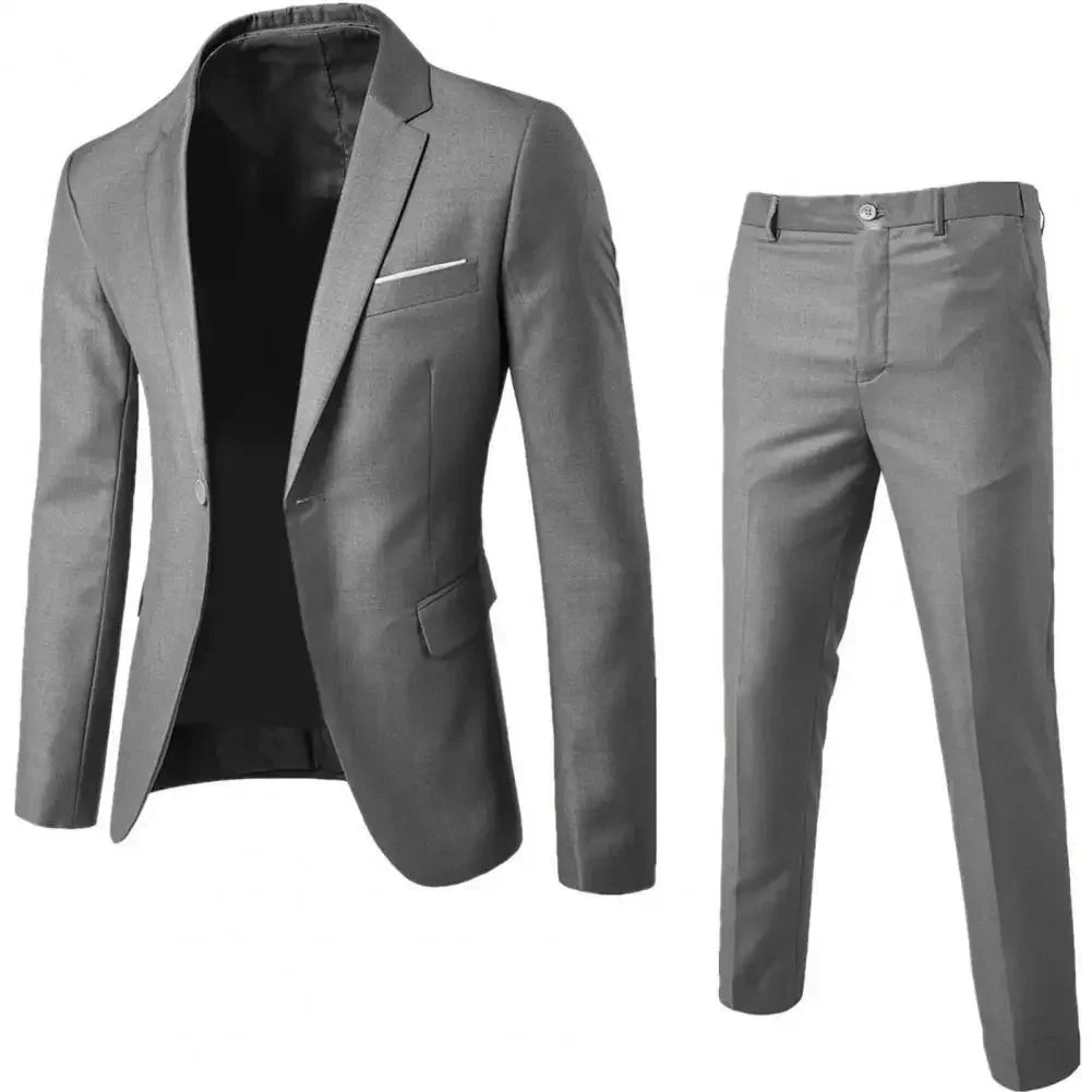 1 Set Men Blazer Pants Solid Color Long Sleeve Turndown Collar Slim Fit Temperament One Button Pockets Suit Set Men Clothes