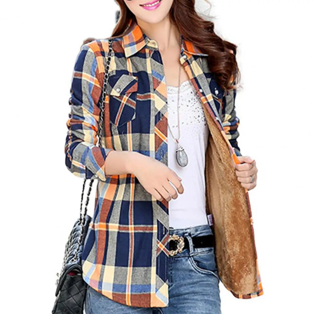 Women Autumn Winter Shirt Coat Plaid Print Lapel Long Sleeve Pockets Single Breasted Jacket Thick Fleece Lining Casual Outerwear