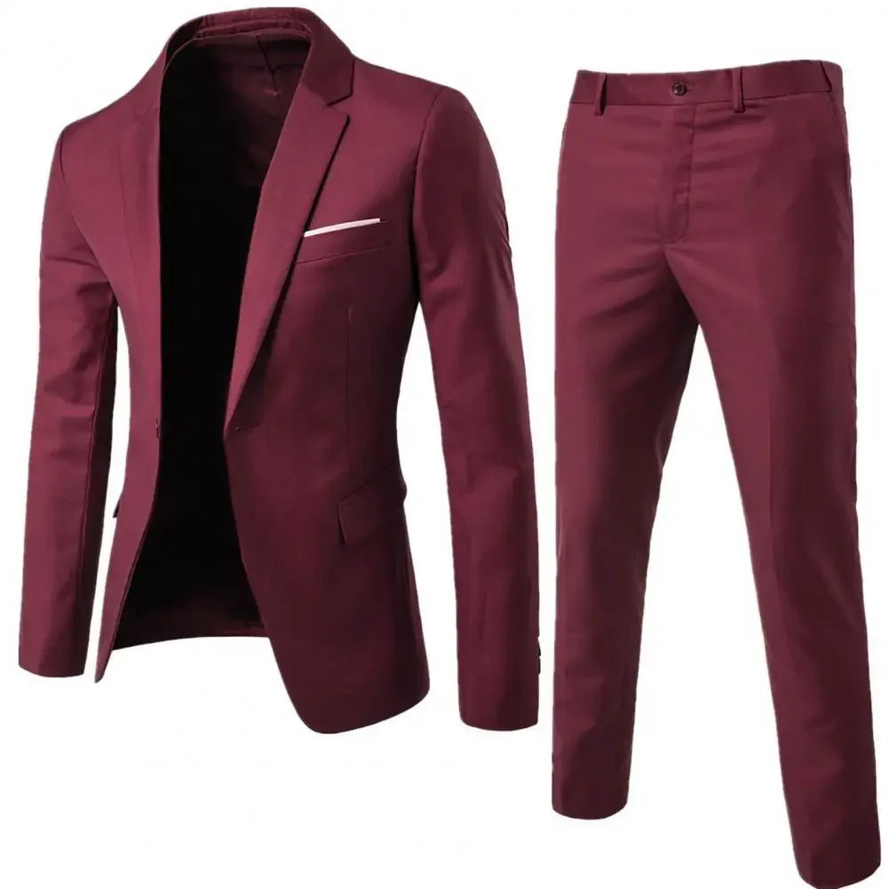 1 Set Men Blazer Pants Solid Color Long Sleeve Turndown Collar Slim Fit Temperament One Button Pockets Suit Set Men Clothes