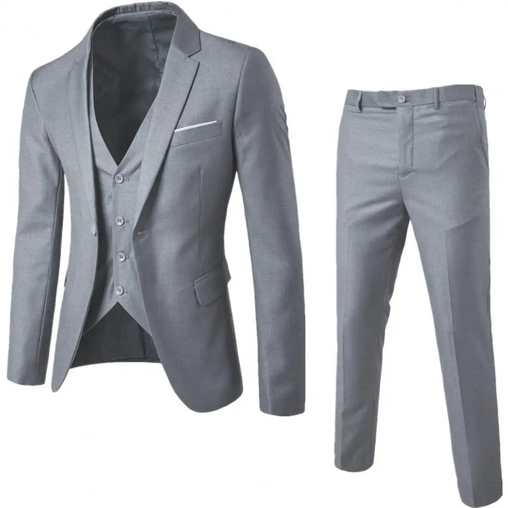 Men Three-piece Suit Formal Business Blazer Suit Pants Set Solid Color Slim Fit Turn-down Collar Anti-wrinkle Groom Wedding Suit