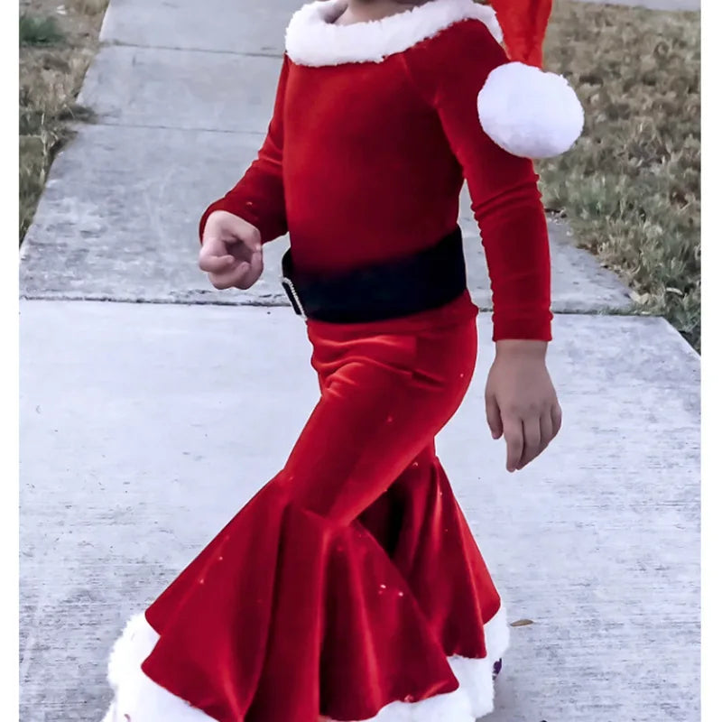 2024 Girls Boys Christmas Cosplay Long Sleeve Bell Bottom Velvet Suit Carnival Party Santa Claus Kids Costume