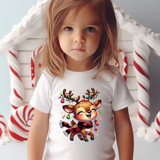 Cute Christmas Reindeer Baby Shirts Kids Round Neck TShirt Children Xmas Party Costume Toddler Short Sleeve Tee