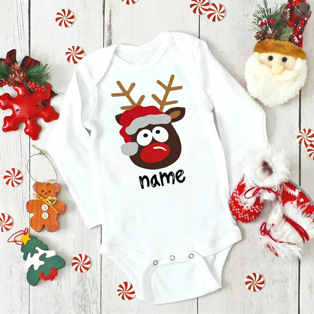 Custom Name Baby Christmas Bodysuits Personalised Deer Newborn Clothes Boys Girls Long Sleeve Jumpsuit Xmas Party Infant Outfits