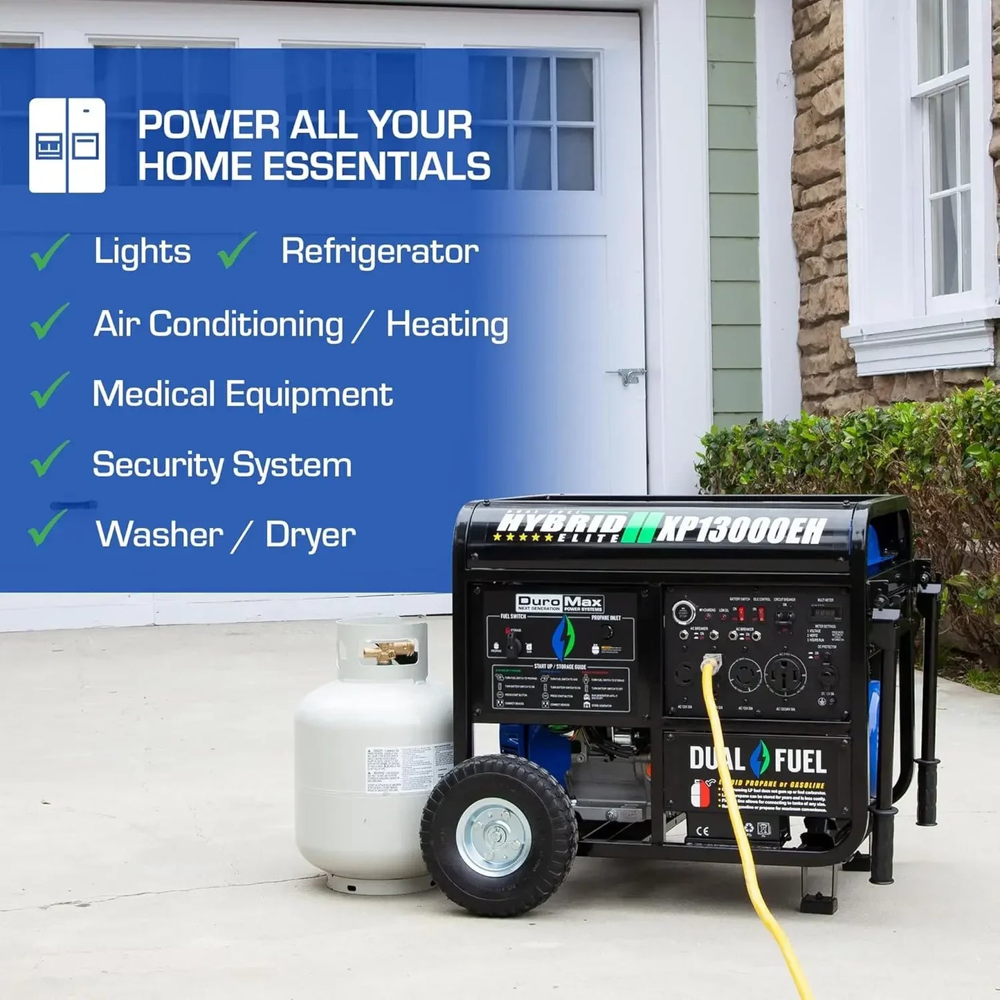 Dual Fuel Portable Generator 13000 Watt Gas or Propane Powered Electric Start-Home Back Up, Blue/Gray