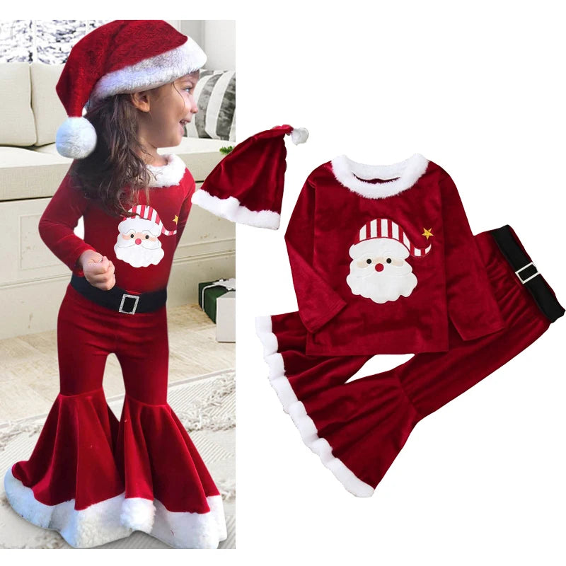 2024 Girls Boys Christmas Cosplay Long Sleeve Bell Bottom Velvet Suit Carnival Party Santa Claus Kids Costume