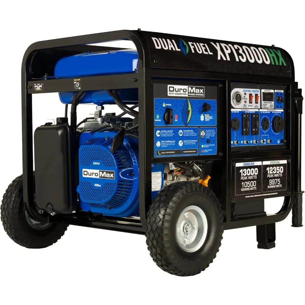 Dual Fuel Portable Generator - 13000 Watt Gas or Propane Powered - Electric Start w/ CO Alert, 50 State Approved, Blue