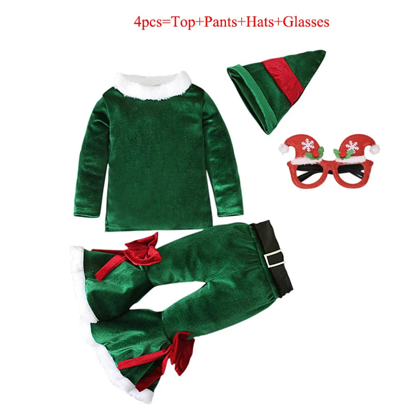 2024 Girls Boys Christmas Cosplay Long Sleeve Bell Bottom Velvet Suit Carnival Party Santa Claus Kids Costume