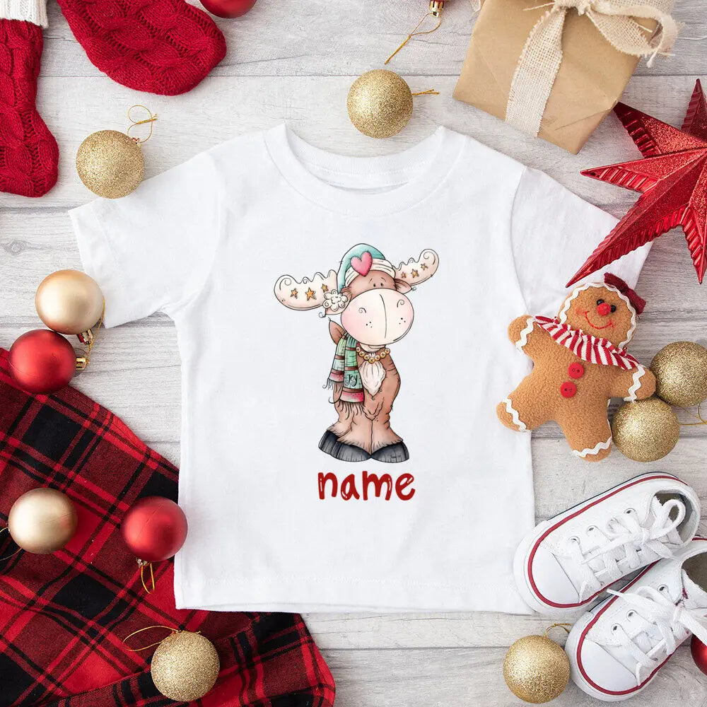 Personalized Kids Christmas Shirts Deer Snowman with Name Clothes Tops Boys Girls Xmas Party Outfit Children Holiday T-shirt Tee