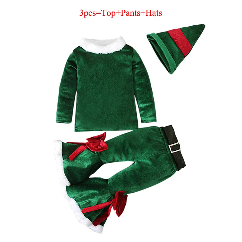 2024 Girls Boys Christmas Cosplay Long Sleeve Bell Bottom Velvet Suit Carnival Party Santa Claus Kids Costume