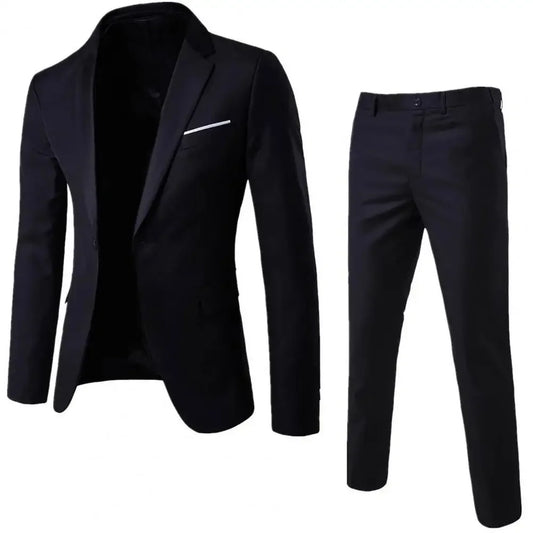 1 Set Men Blazer Pants Solid Color Long Sleeve Turndown Collar Slim Fit Temperament One Button Pockets Suit Set Men Clothes