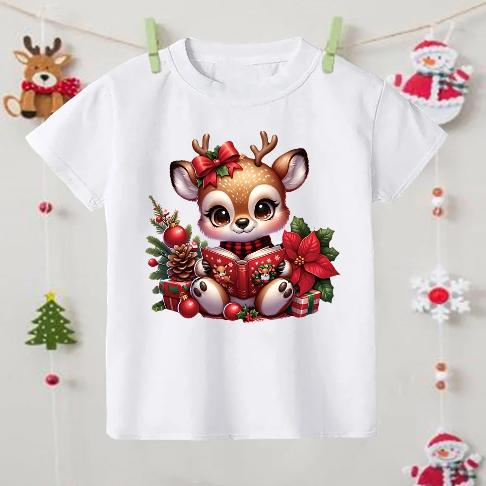 Cute Christmas Reindeer Baby Shirts Kids Round Neck TShirt Children Xmas Party Costume Toddler Short Sleeve Tee