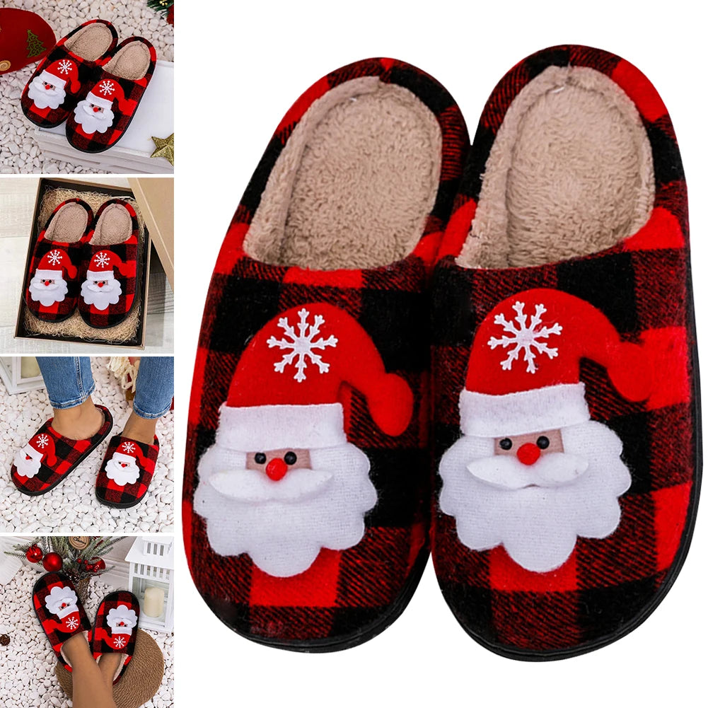 Christmas Fuzzy Indoor Slippers Flat Santa Claus Fluffy Fur Slippers Anti Slip Plush Slip-on House Shoes Plaid for Winter Indoor