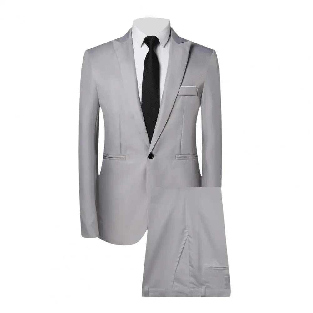 2Pcs/Set Men Business Outfit Lapel Long Sleeve Single Breasted Suit Coat Solid Color Suit Pants Set Slim Fit Workwear