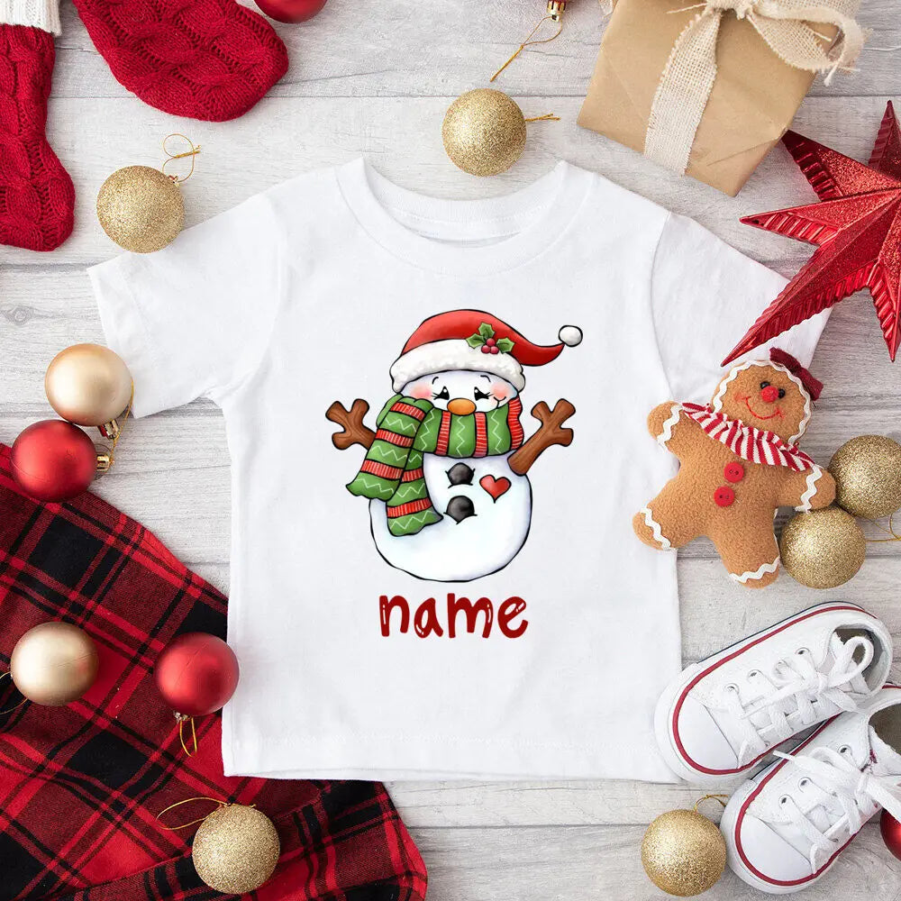 Personalized Kids Christmas Shirts Deer Snowman with Name Clothes Tops Boys Girls Xmas Party Outfit Children Holiday T-shirt Tee