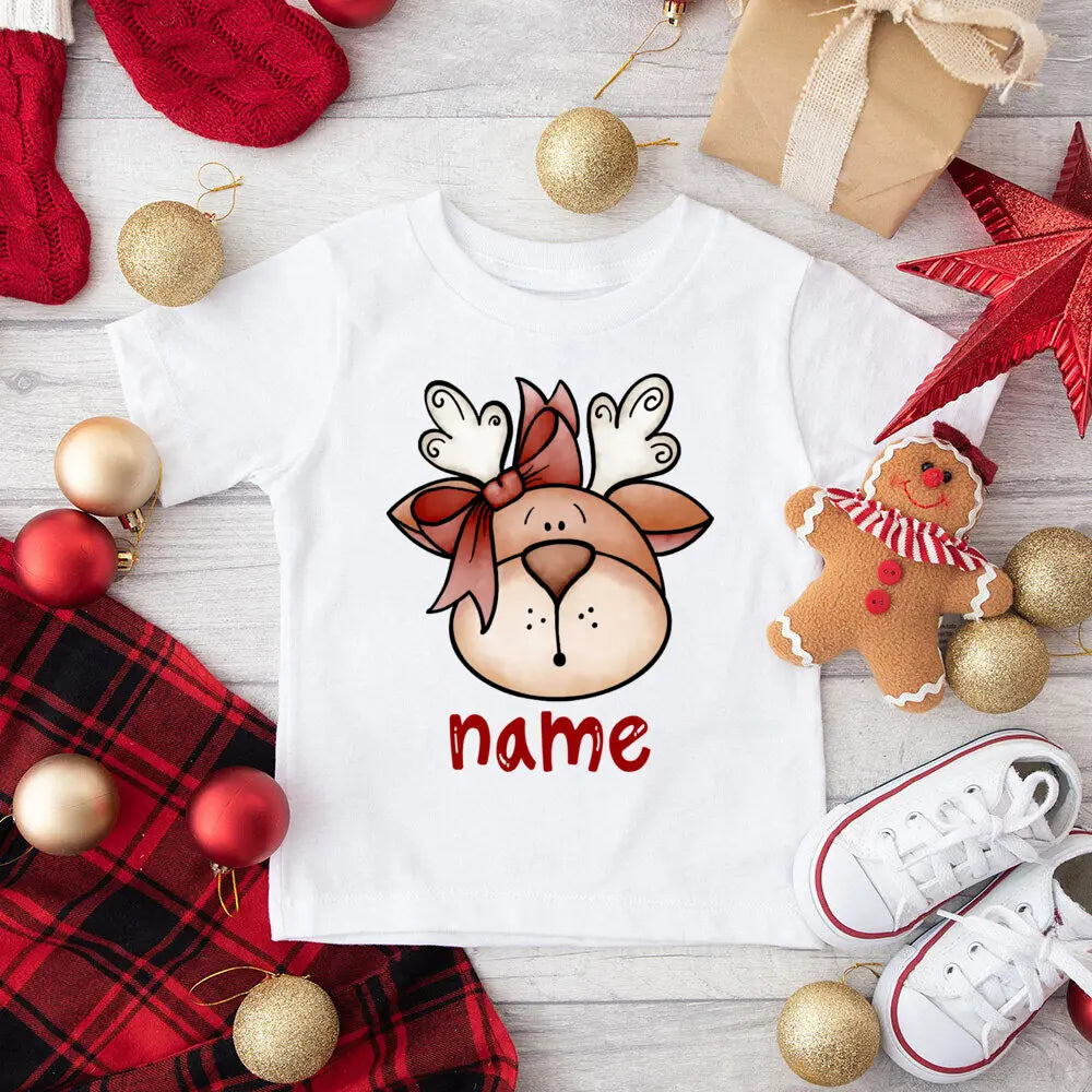 Personalized Kids Christmas Shirts Deer Snowman with Name Clothes Tops Boys Girls Xmas Party Outfit Children Holiday T-shirt Tee