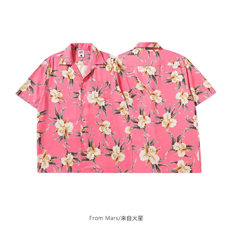 Retro Cuba Collar Shirts for Men Hawaiian Fashion Beach Blouse Summer Chiffon Short Sleeve Tops Aesthetic Pink Flower Y2K Camisa