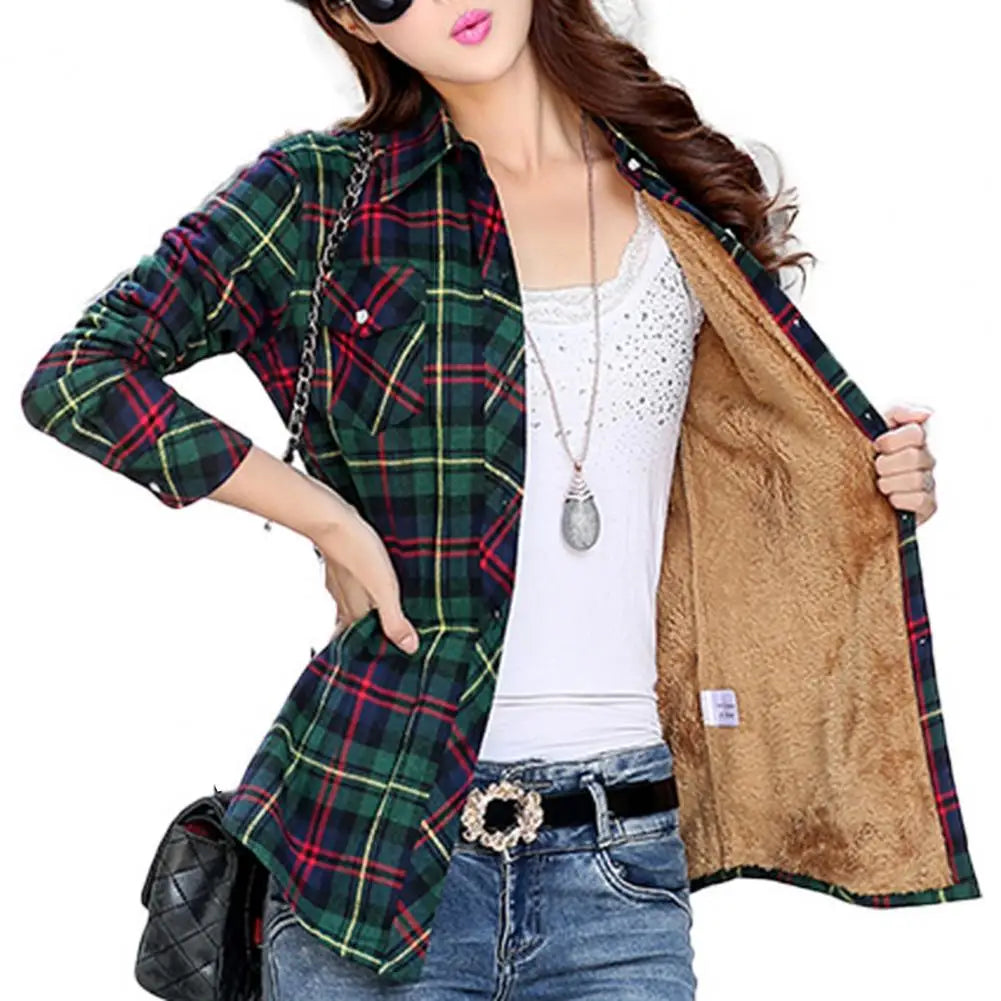 Women Autumn Winter Shirt Coat Plaid Print Lapel Long Sleeve Pockets Single Breasted Jacket Thick Fleece Lining Casual Outerwear