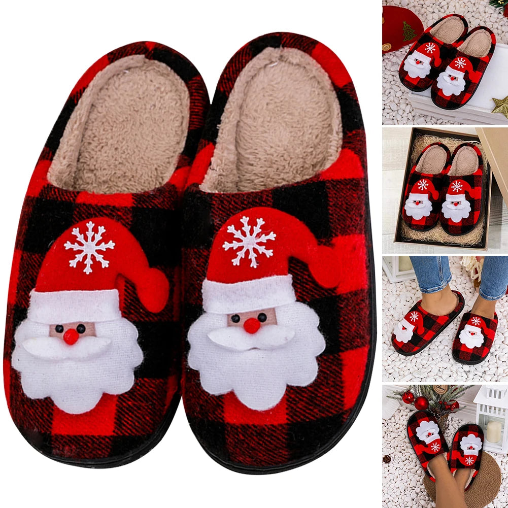 Christmas Fuzzy Indoor Slippers Flat Santa Claus Fluffy Fur Slippers Anti Slip Plush Slip-on House Shoes Plaid for Winter Indoor