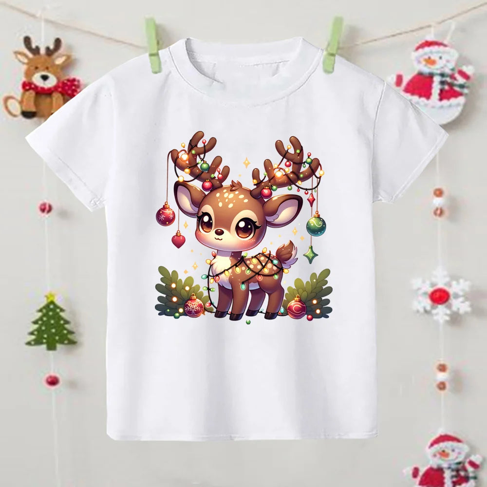 Cute Christmas Reindeer Baby Shirts Kids Round Neck TShirt Children Xmas Party Costume Toddler Short Sleeve Tee