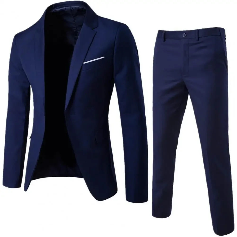 1 Set Men Blazer Pants Solid Color Long Sleeve Turndown Collar Slim Fit Temperament One Button Pockets Suit Set Men Clothes