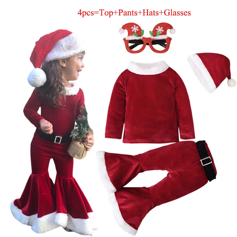 2024 Girls Boys Christmas Cosplay Long Sleeve Bell Bottom Velvet Suit Carnival Party Santa Claus Kids Costume