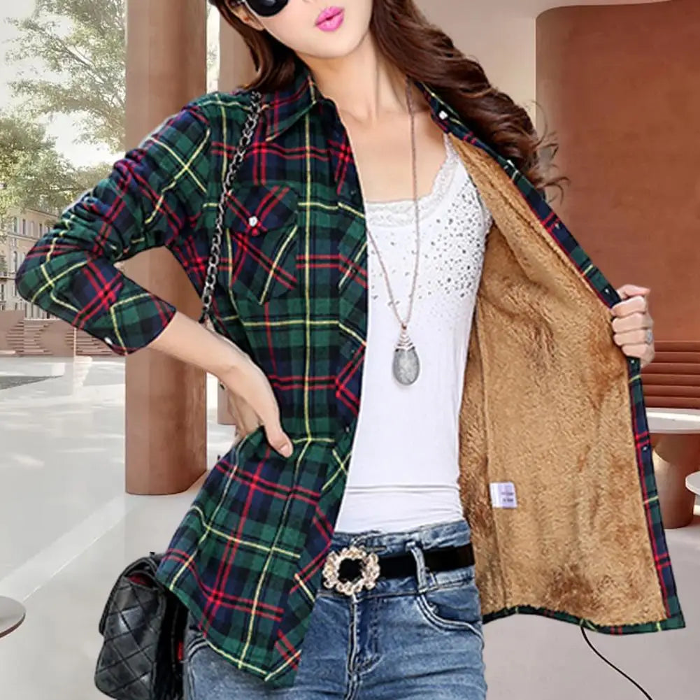 Women Autumn Winter Shirt Coat Plaid Print Lapel Long Sleeve Pockets Single Breasted Jacket Thick Fleece Lining Casual Outerwear