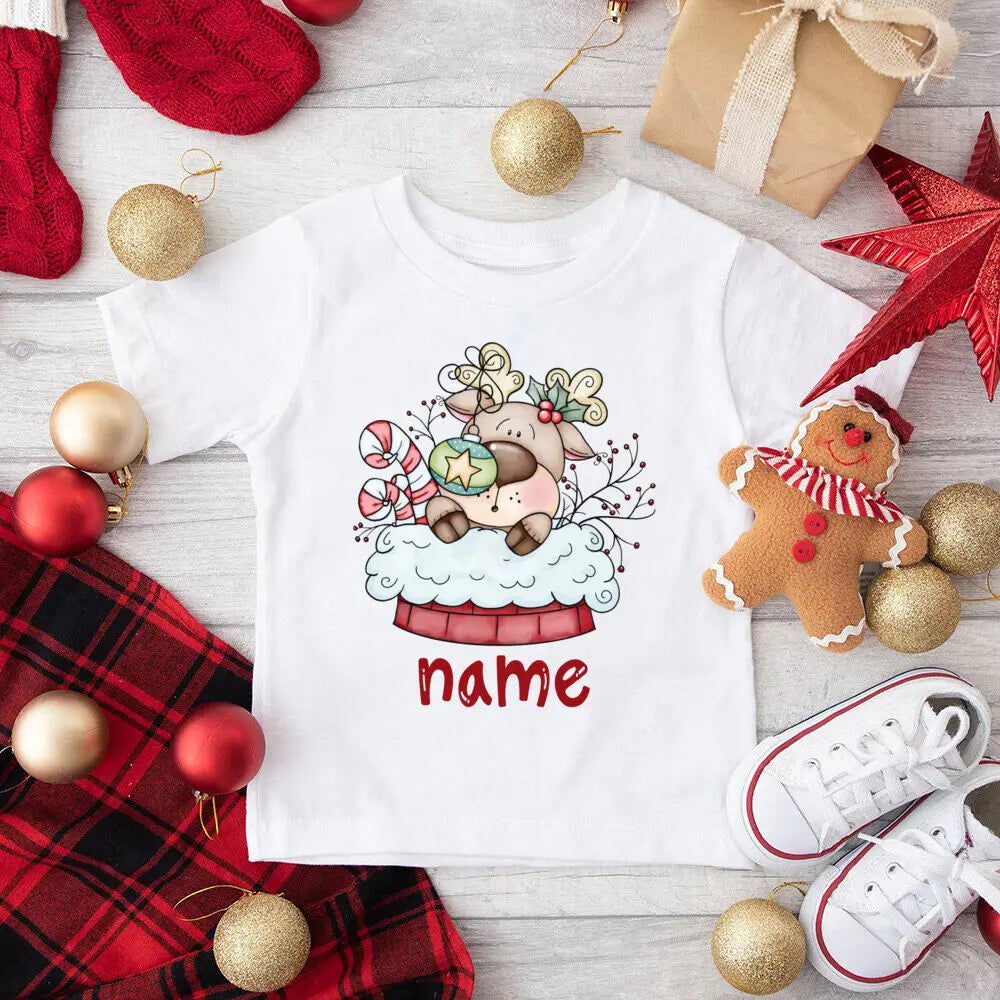 Personalized Kids Christmas Shirts Deer Snowman with Name Clothes Tops Boys Girls Xmas Party Outfit Children Holiday T-shirt Tee