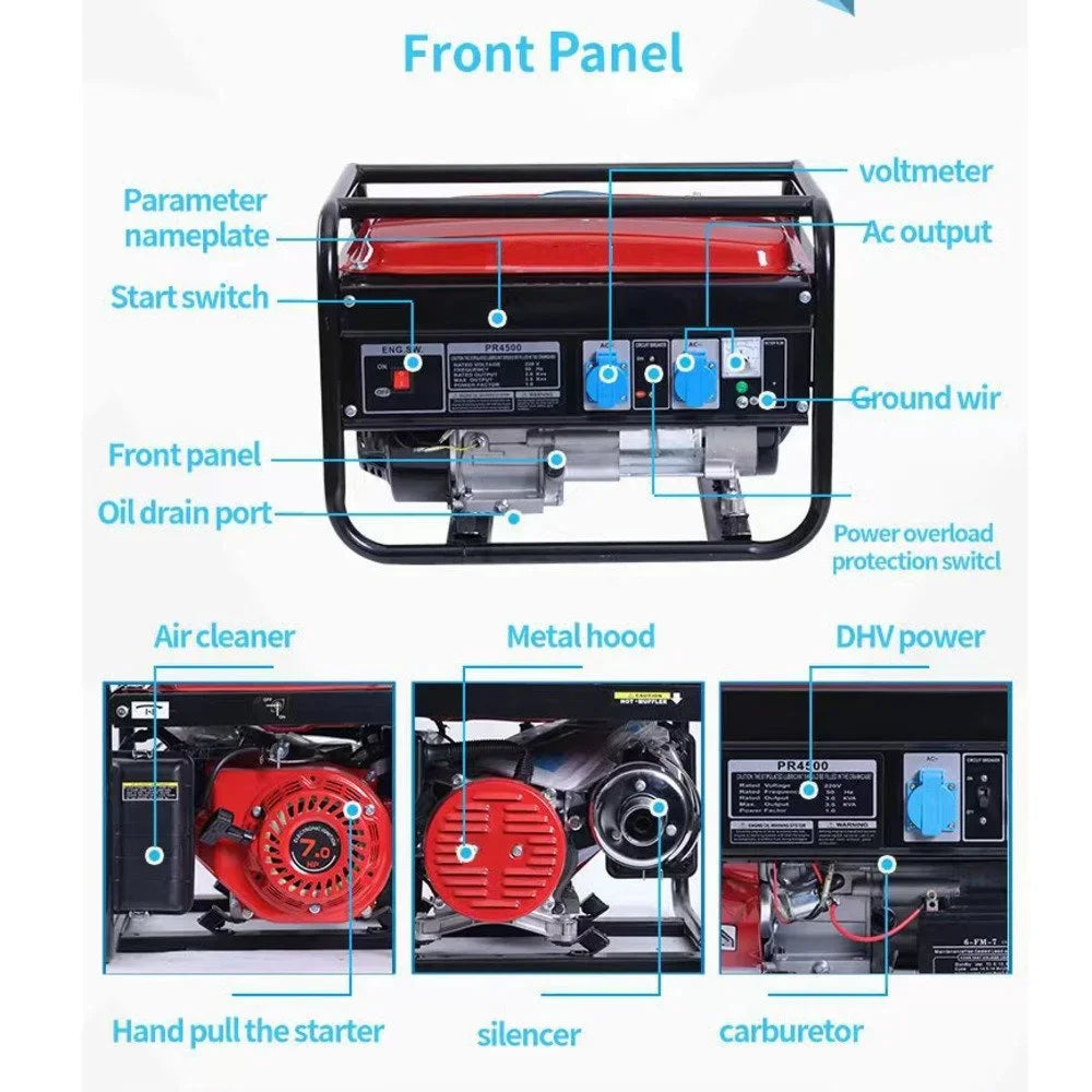 110V 3KW 7HP Household Electric Start Gasoline Generator Camping Outdoor 4 Stroke Generator Panel Dual Power Supply No Tire