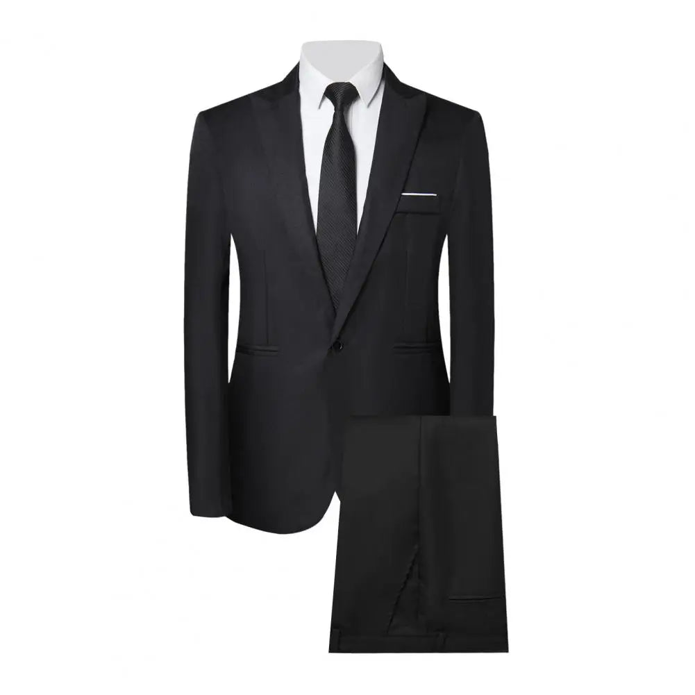 2Pcs/Set Men Business Outfit Lapel Long Sleeve Single Breasted Suit Coat Solid Color Suit Pants Set Slim Fit Workwear