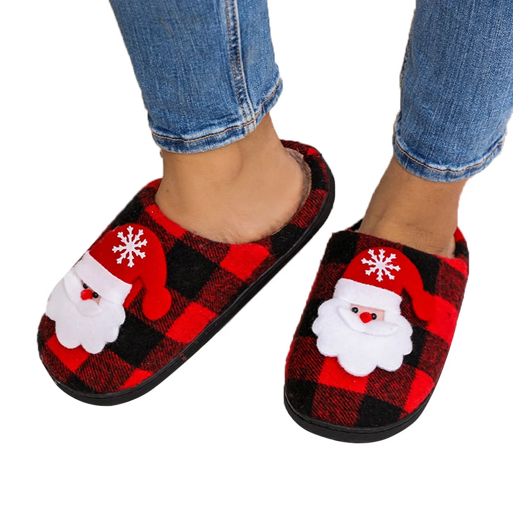 Christmas Fuzzy Indoor Slippers Flat Santa Claus Fluffy Fur Slippers Anti Slip Plush Slip-on House Shoes Plaid for Winter Indoor