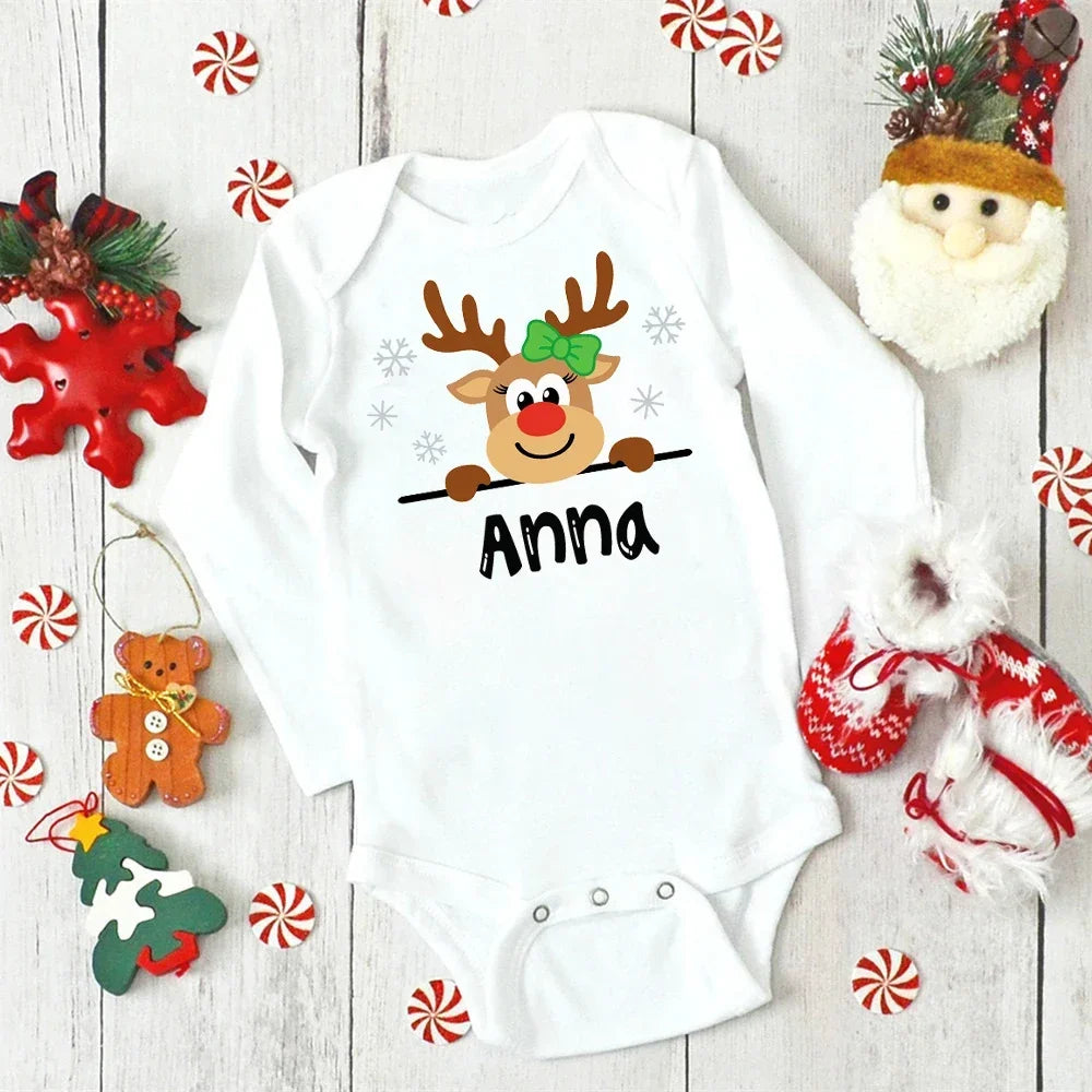 Custom Name Baby Christmas Bodysuits Personalised Deer Newborn Clothes Boys Girls Long Sleeve Jumpsuit Xmas Party Infant Outfits