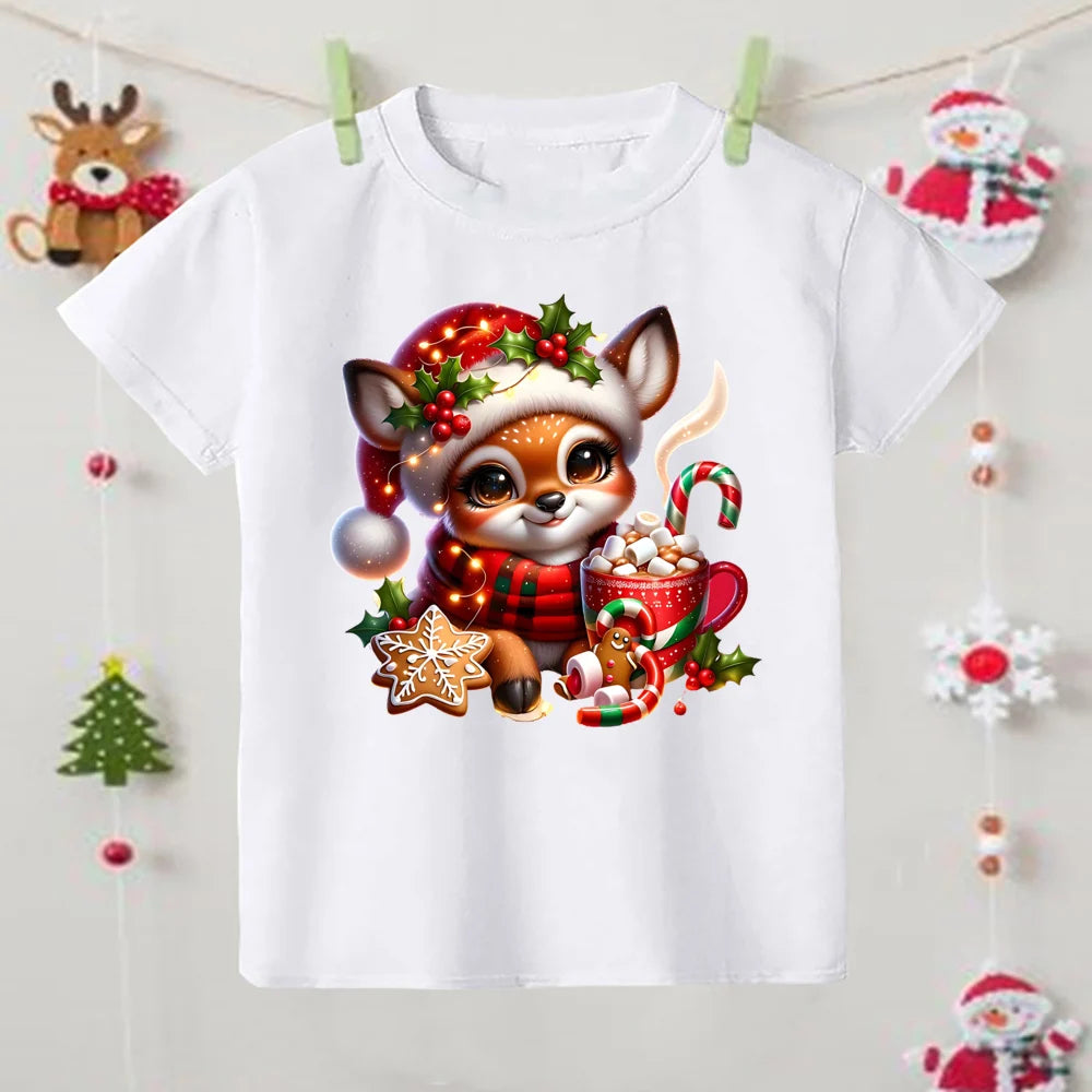 Cute Christmas Reindeer Baby Shirts Kids Round Neck TShirt Children Xmas Party Costume Toddler Short Sleeve Tee