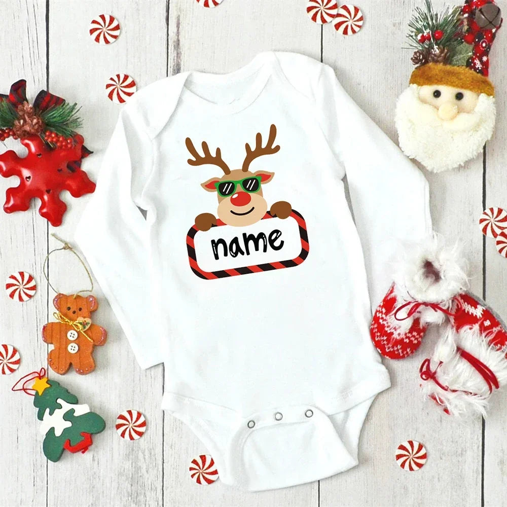 Custom Name Baby Christmas Bodysuits Personalised Deer Newborn Clothes Boys Girls Long Sleeve Jumpsuit Xmas Party Infant Outfits