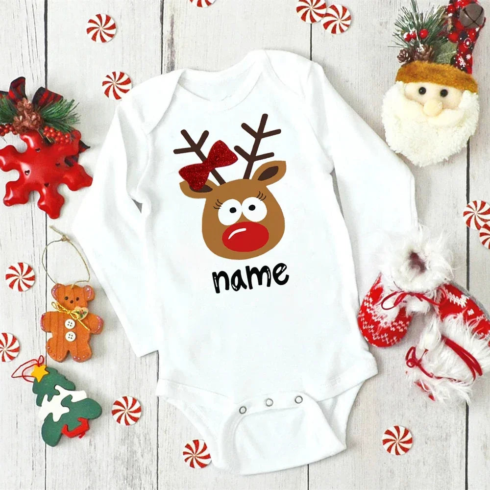 Custom Name Baby Christmas Bodysuits Personalised Deer Newborn Clothes Boys Girls Long Sleeve Jumpsuit Xmas Party Infant Outfits