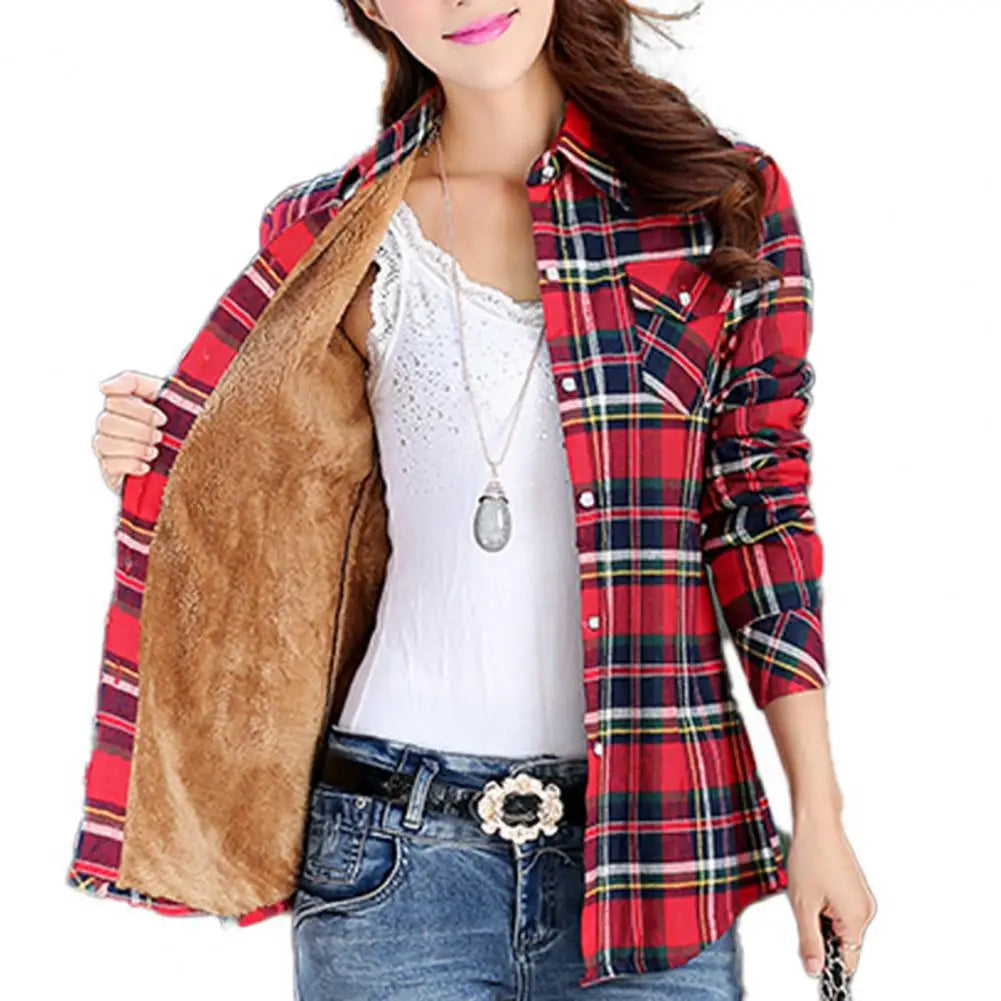 Women Autumn Winter Shirt Coat Plaid Print Lapel Long Sleeve Pockets Single Breasted Jacket Thick Fleece Lining Casual Outerwear