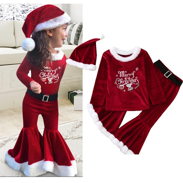 2024 Girls Boys Christmas Cosplay Long Sleeve Bell Bottom Velvet Suit Carnival Party Santa Claus Kids Costume