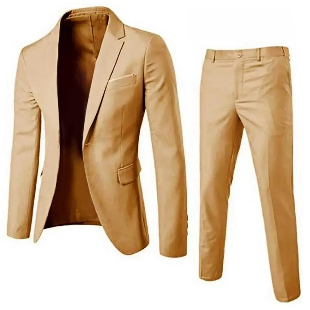 1 Set Men Blazer Pants Solid Color Long Sleeve Turndown Collar Slim Fit Temperament One Button Pockets Suit Set Men Clothes