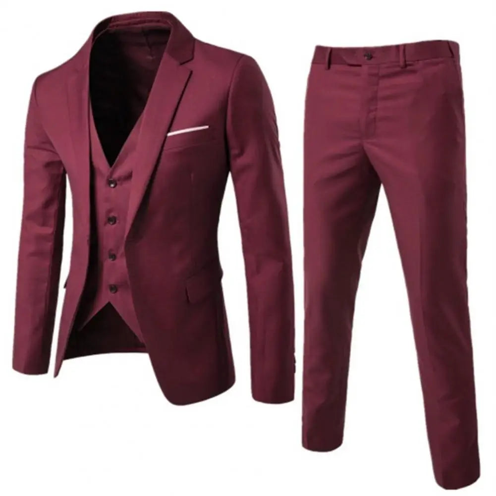 Men Three-piece Suit Formal Business Blazer Suit Pants Set Solid Color Slim Fit Turn-down Collar Anti-wrinkle Groom Wedding Suit