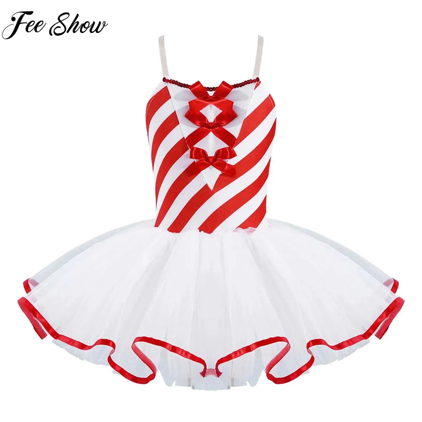 Kids Girls Candy Cane Striped Sequins Ballet Tutu Dance Dress Bowknot Adorned Stripe Print Mesh Tutu Dress Christmas Costume