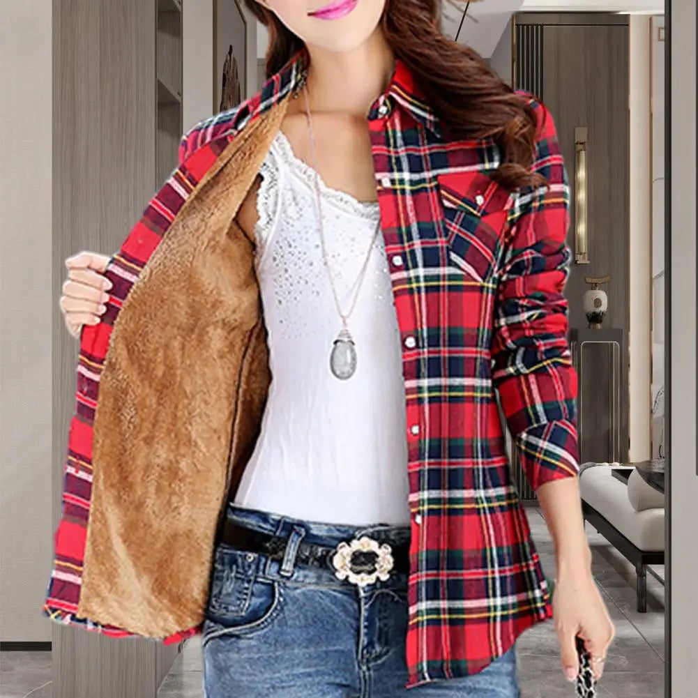 Women Autumn Winter Shirt Coat Plaid Print Lapel Long Sleeve Pockets Single Breasted Jacket Thick Fleece Lining Casual Outerwear