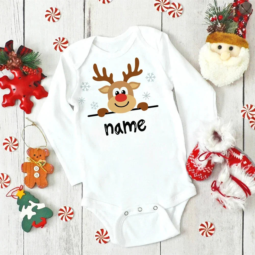 Custom Name Baby Christmas Bodysuits Personalised Deer Newborn Clothes Boys Girls Long Sleeve Jumpsuit Xmas Party Infant Outfits