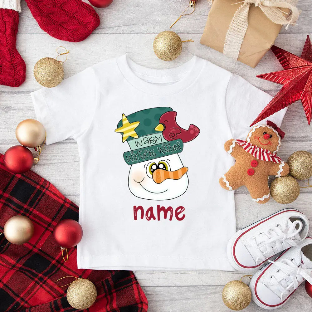 Personalized Kids Christmas Shirts Deer Snowman with Name Clothes Tops Boys Girls Xmas Party Outfit Children Holiday T-shirt Tee