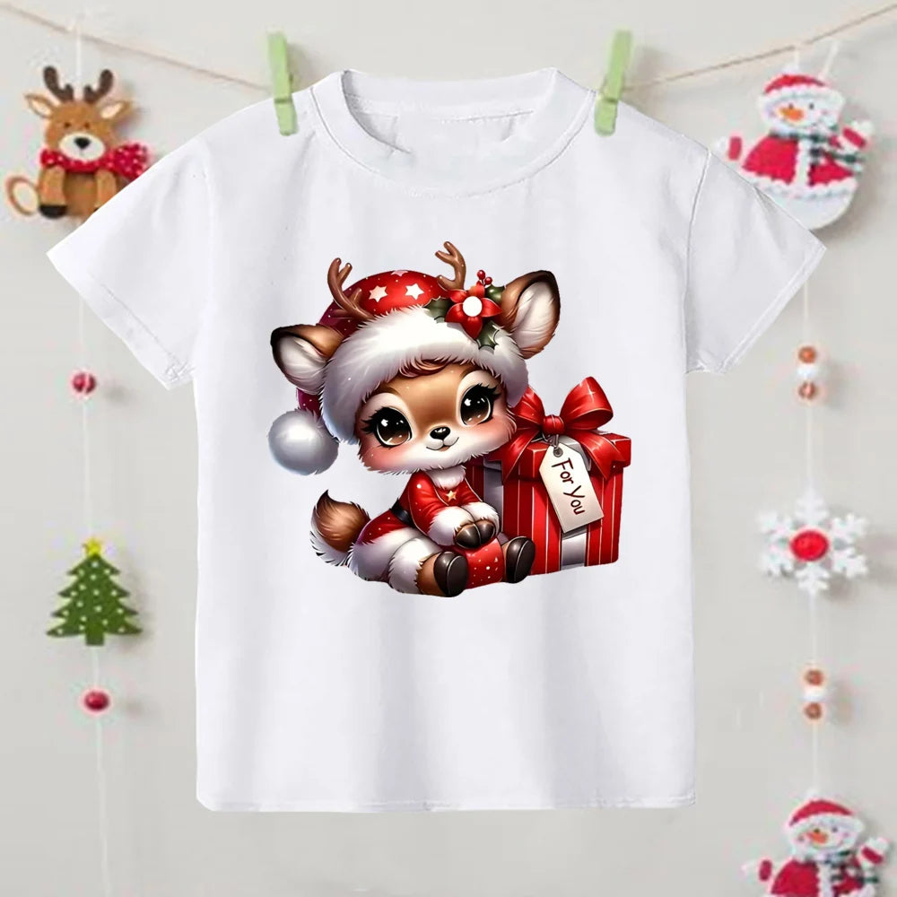 Cute Christmas Reindeer Baby Shirts Kids Round Neck TShirt Children Xmas Party Costume Toddler Short Sleeve Tee