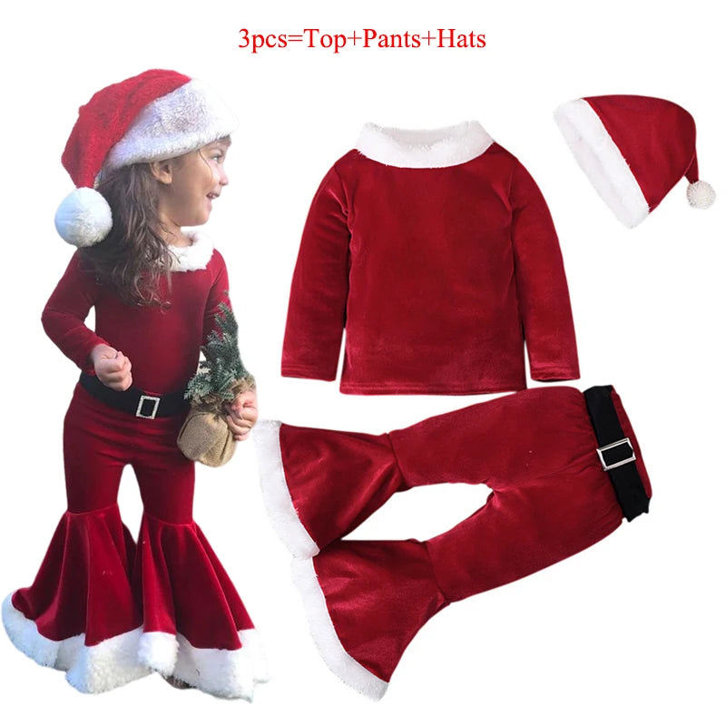 2024 Girls Boys Christmas Cosplay Long Sleeve Bell Bottom Velvet Suit Carnival Party Santa Claus Kids Costume