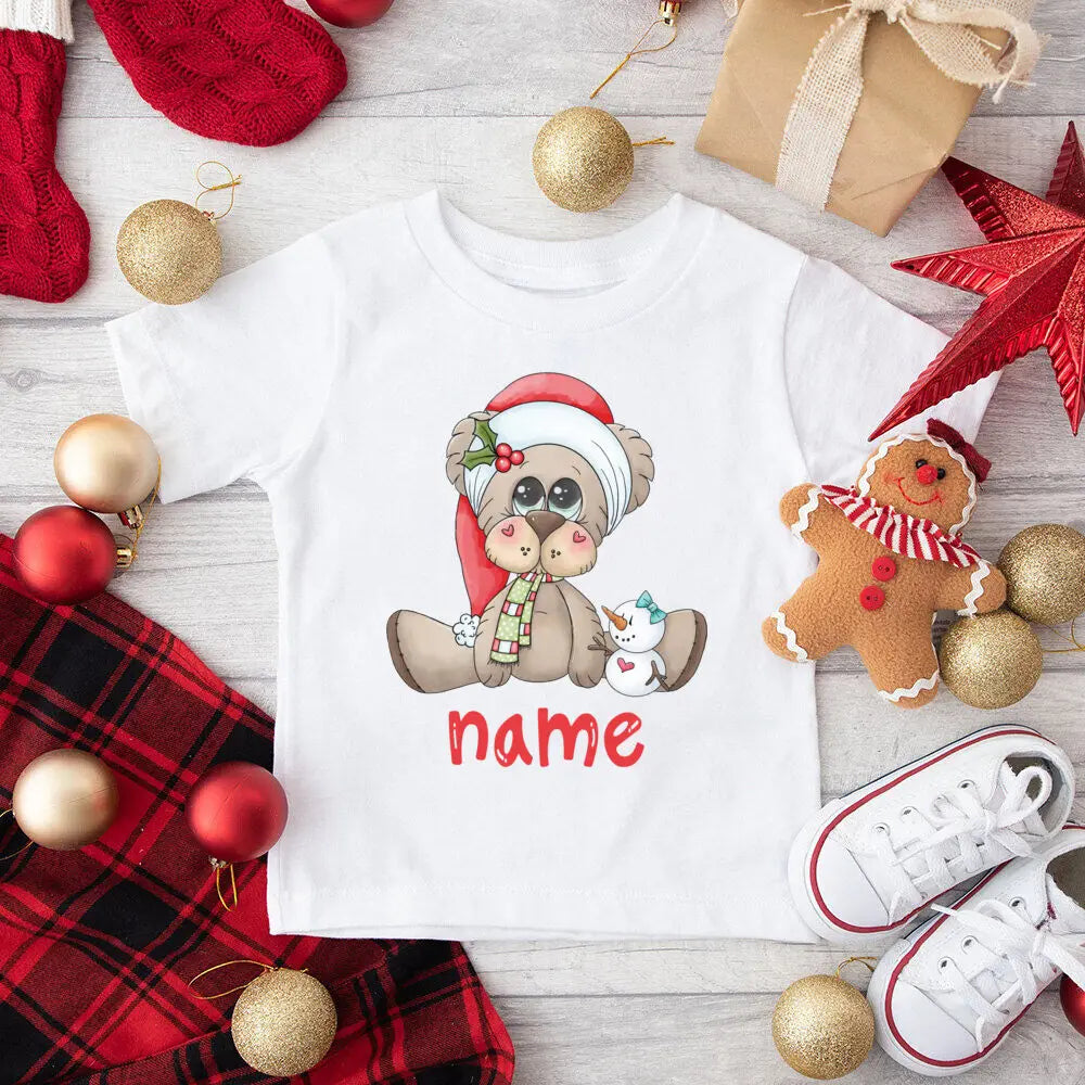 Personalized Kids Christmas Shirts Deer Snowman with Name Clothes Tops Boys Girls Xmas Party Outfit Children Holiday T-shirt Tee