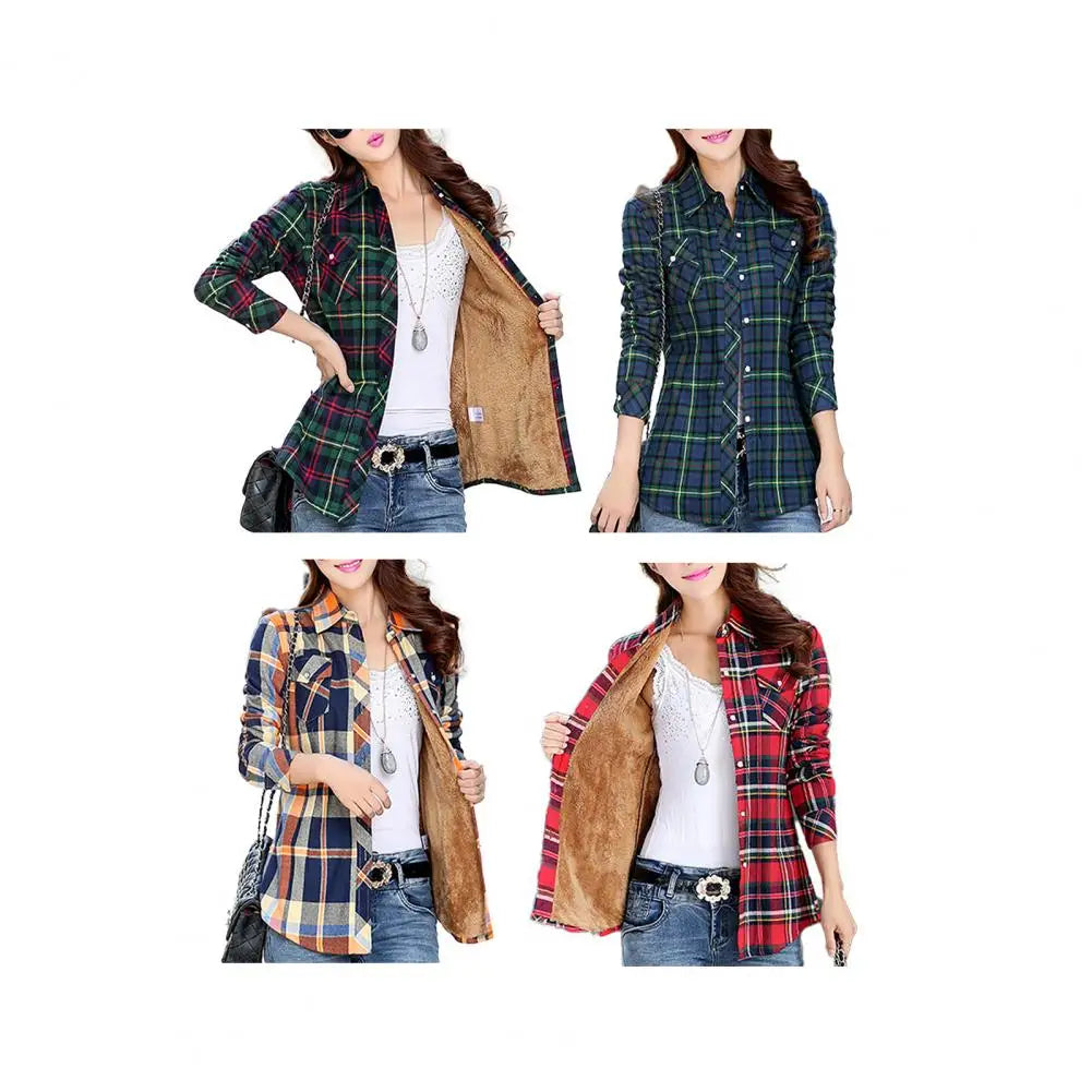 Women Autumn Winter Shirt Coat Plaid Print Lapel Long Sleeve Pockets Single Breasted Jacket Thick Fleece Lining Casual Outerwear