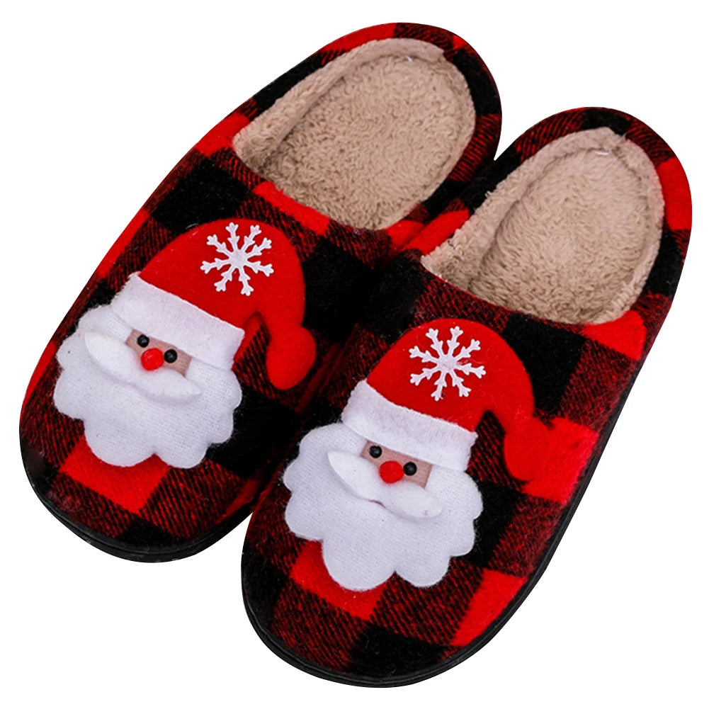 Christmas Fuzzy Indoor Slippers Flat Santa Claus Fluffy Fur Slippers Anti Slip Plush Slip-on House Shoes Plaid for Winter Indoor